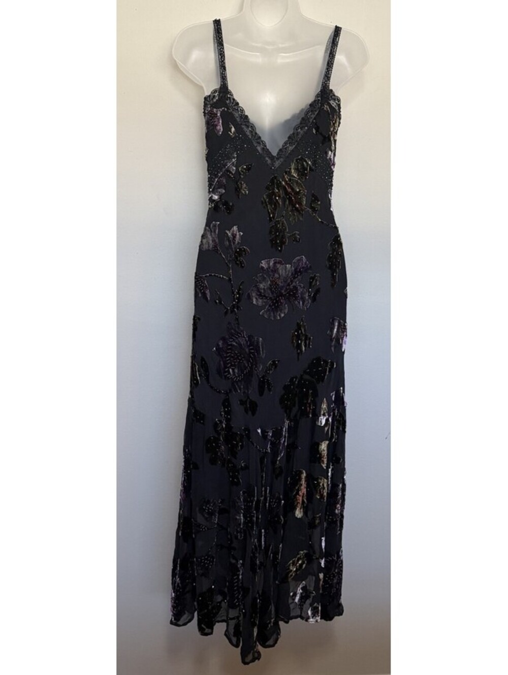 Sue Wong Black Velvet Beaded Maxi Gown Dress Vintage Silk Size 4 - Picture 3 of 9